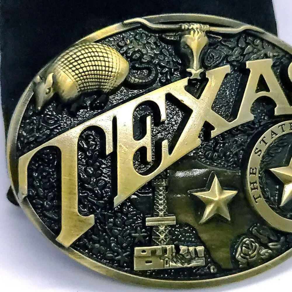 Texas Western Belt Buckle Lone Star Longhorn Armadillo Oil Well Antique Brass